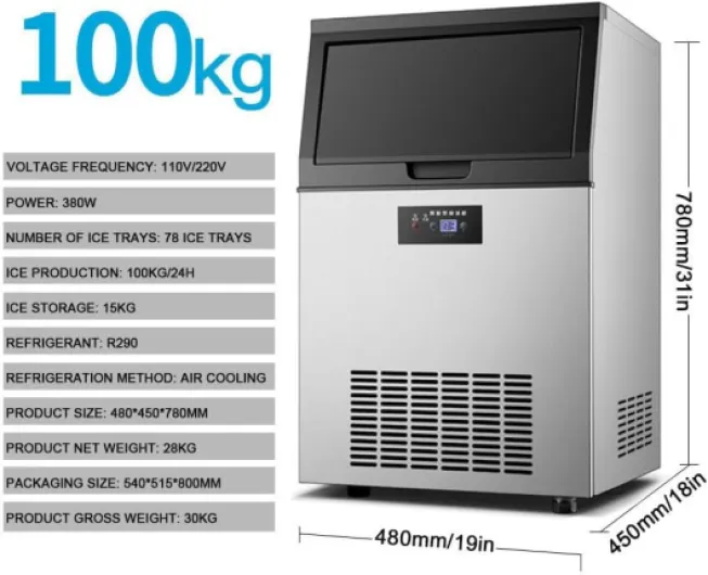Commercial Ice Machine,Industrial Ice Maker Machine,Freestanding Stainless Steel Ice Cube Machine with 15kg Ice Storage Capacity(100KG/24H) 1 Ice Scoop,Filter,Inlet & Drain Pipe Each