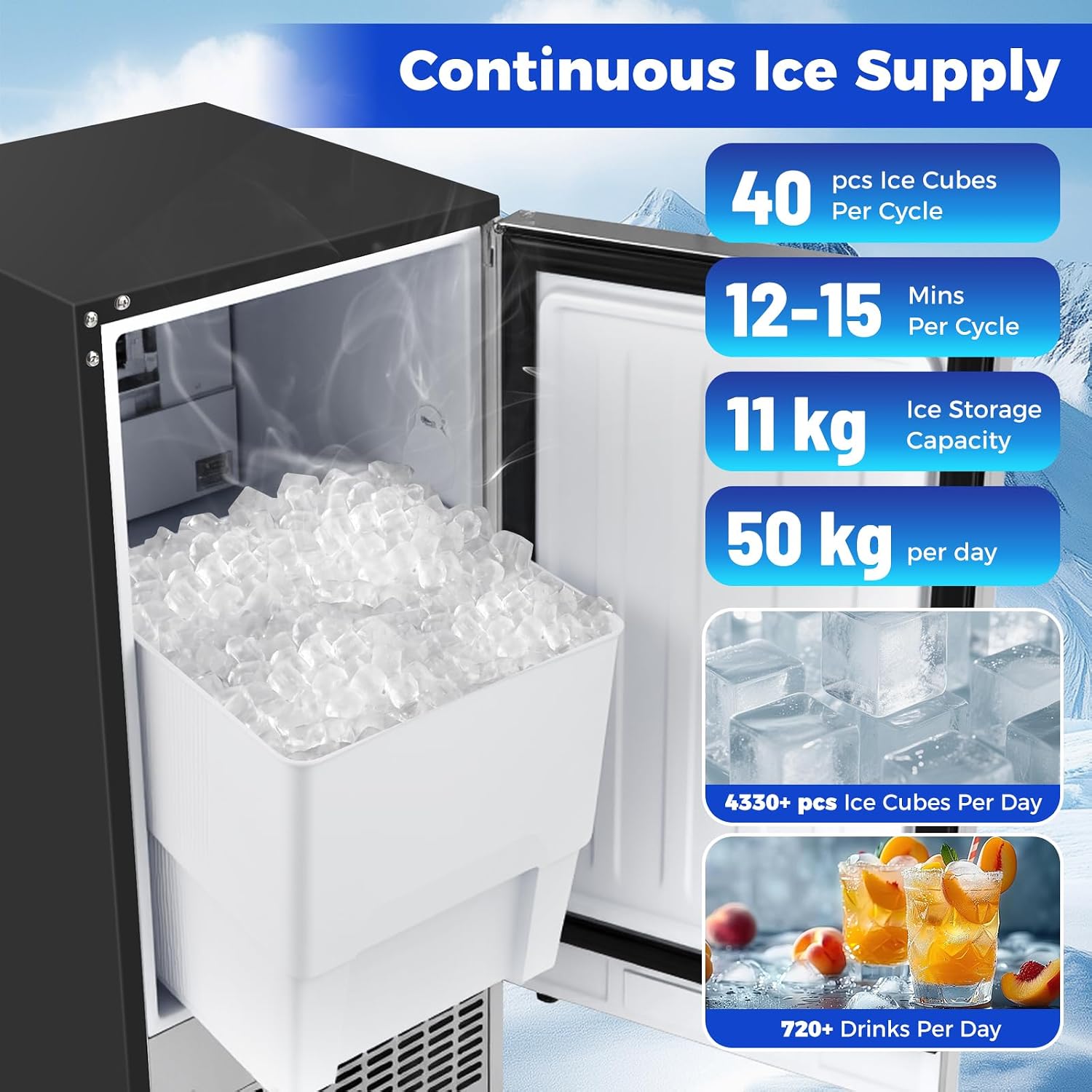 50KG/24H Commercial Ice Machine with Adjustable Thickness