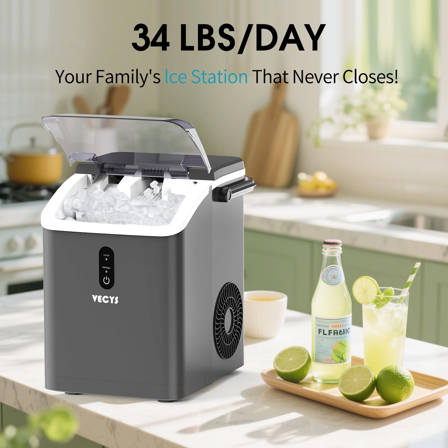 VECYS Nugget Ice Maker, 34LBS/Day Countertop Ice Machine, Self-Cleaning Portable Pellet Ice Maker, Chewable Sonic Ice for Home, Office, Bar