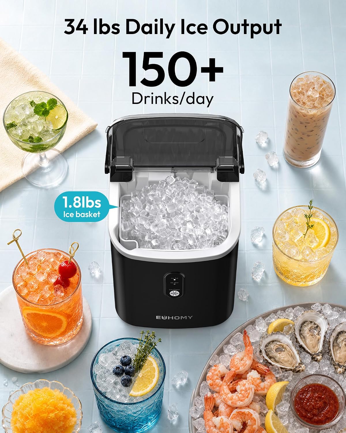 Nugget Ice Maker, Chewable Pellet Ice Machine with Self-Cleaning and Handle, Ready in 6 Mins, 15.5kg/24H, Removable Top Cover, One-Click Operation, Ice Cube Maker for Kitchen, Office Black – 15KG Nugget Ice