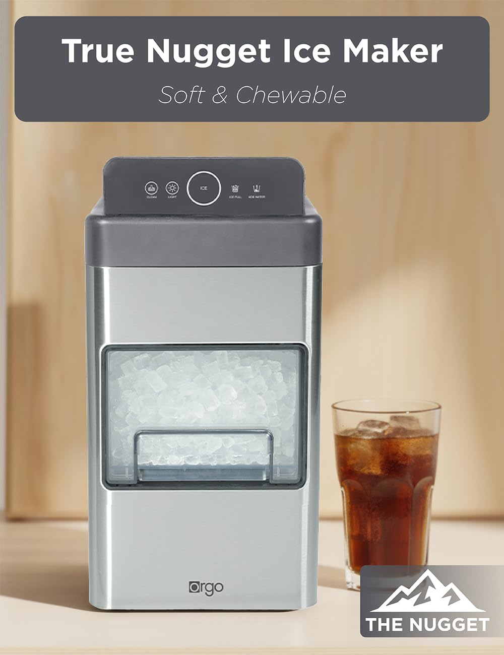 Orgo The Nugget Countertop Ice Maker, Makes 33 lbs - in 24 Hours, Nugget Shaped, Stainless Steel Ice Maker Ready in 10 Minutes, Self-Cleaning, Includes Scoop, RGN3505, Gray