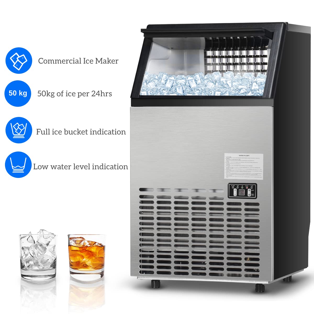 50kg/24H Commercial Ice Maker, 45 Cubes in 12mins, 15kg Ice Storage