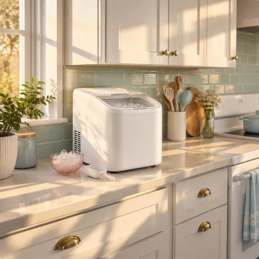 Choosing an ice maker that flatters white cabinets with white appliances in a refined kitchen