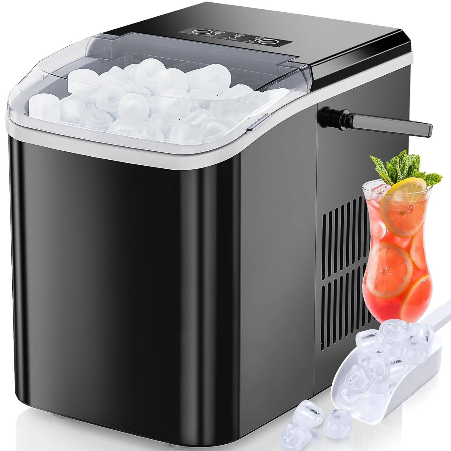 Ice Maker Countertop Ice Machine Compact Size with Handle, 26lbs in 24Hrs, 9 Bullet Ice Cubes in 6 Mins, Self-Cleaning Function, Portable for Home, Kitchen, RV, Camping, Quiet Operation, Black