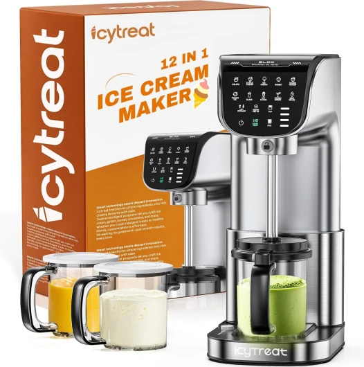 Ice Cream Maker Machine 12-in-1, Full Automatic Stainless Steel Sorbet & Gelato Maker for Milkshake, Frozen Yogurt, Frozen Drink & More, (3) Family-Sized 19.2 oz Tubs, Easy to Clean - Silver 500.0