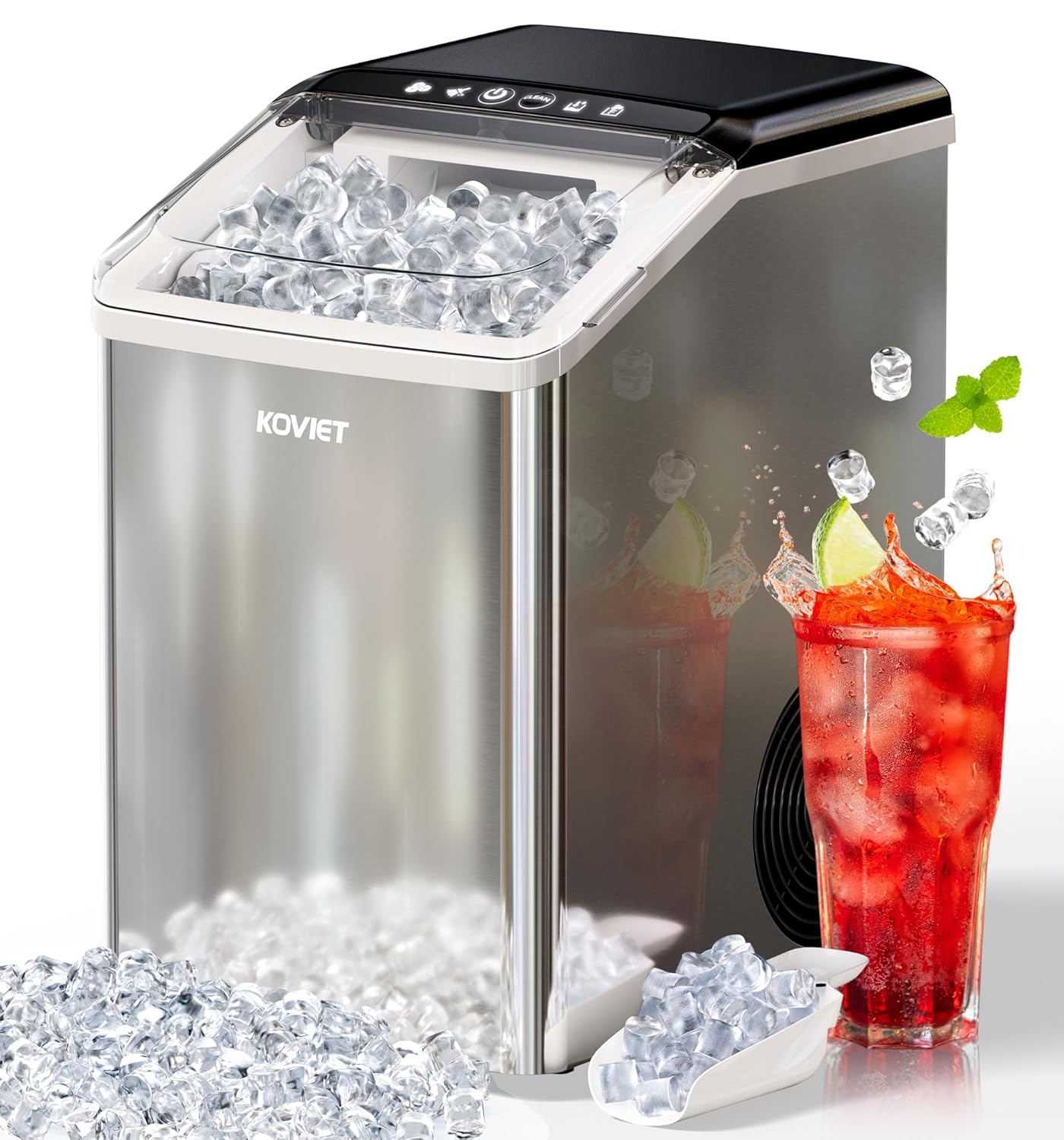 Nugget Ice Maker Countertop, 40lbs/24H Tooth-Friendly Soft Chewable Pebble Ice Machine, Self-Cleaning with Drainpipe, Crushed Pellet Ice Makers for Home Kitchen Party, Stainless Steel