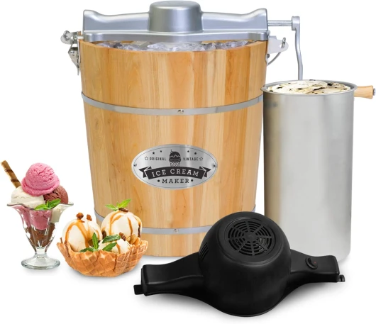 Old Fashioned 4 Quart Vintage Appalachian Wood Bucket Electric Ice Cream Maker Machine, *Bonus Classic Die-Cast Hand Crank for Churning, Uses Ice and Rock Salt Churns Ice Cream in Minute