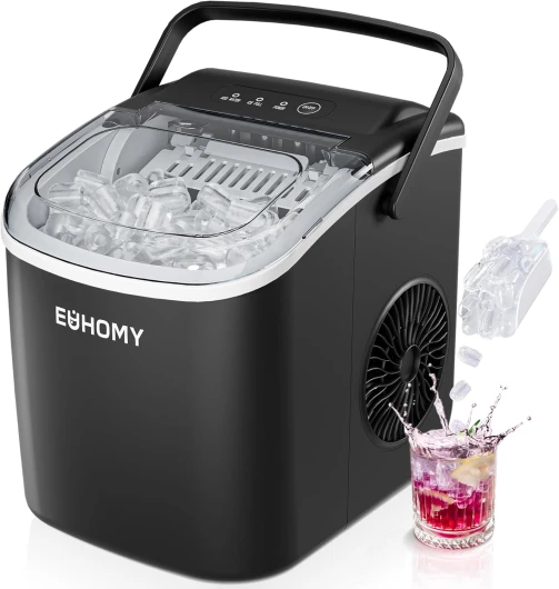 Countertop Ice Maker Machine with Handle, 26lbs in 24Hrs, 9 Ice Cubes Ready in 6 Mins, Auto-Cleaning Portable Ice Maker with Basket and Scoop, for Home/Kitchen/Camping/RV - (Black)