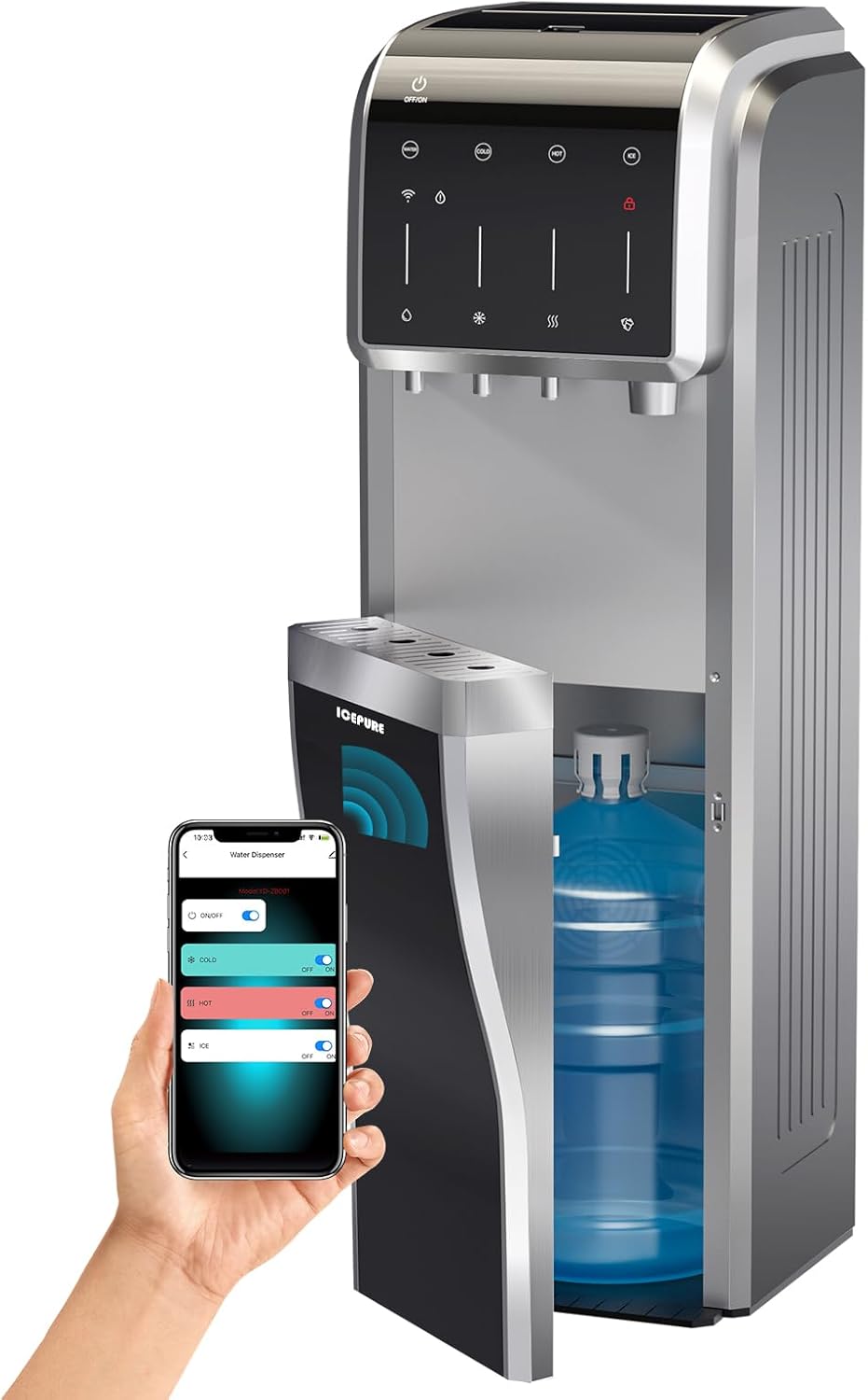 5 in 1 Water Dispenser with Ice Maker for 5 Gallon Bottle, Built-in Bullet & Crushed/Chewable Ice Machine Hot Cold Water Cooler, Bottom Loading, 35lbs/24H, Child Safety Lock, Stainless Steel