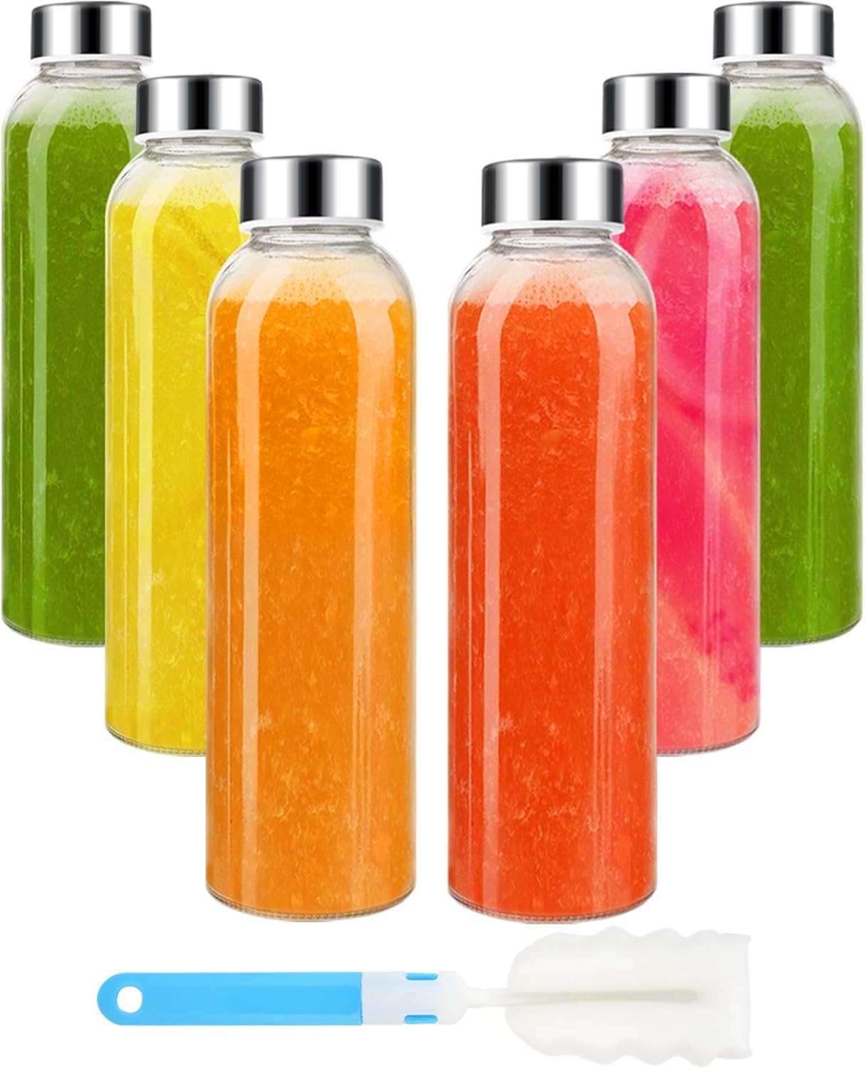 18oz Glass Water Bottle Set of 6, Clear glass juice bottle for juicing，Reusable Drinking Bottles with Stainless Steel Lid，Beverage Storage Containers for Refrigerator-BPA Free，Leak Proof