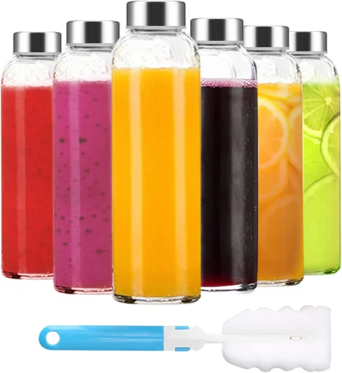 Clear Glass Bottles with Lids 18 oz, Reusable Glass Water Bottles with Stainless Steel Cap for Juicing, Refrigerator,100% Leak Proof, BPA Free, Set of 6