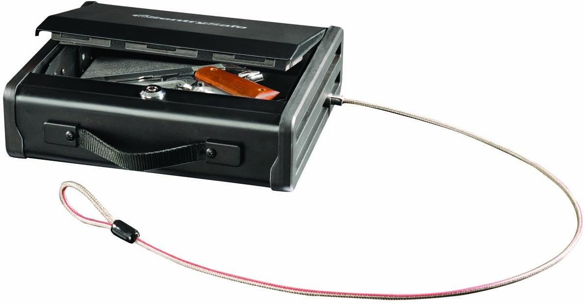 Portable Gun Safe with Key Lock, Steel Cable, and Carrying Handle has a One Handgun Capacity, Gun Safe for Car or Home, PP1K