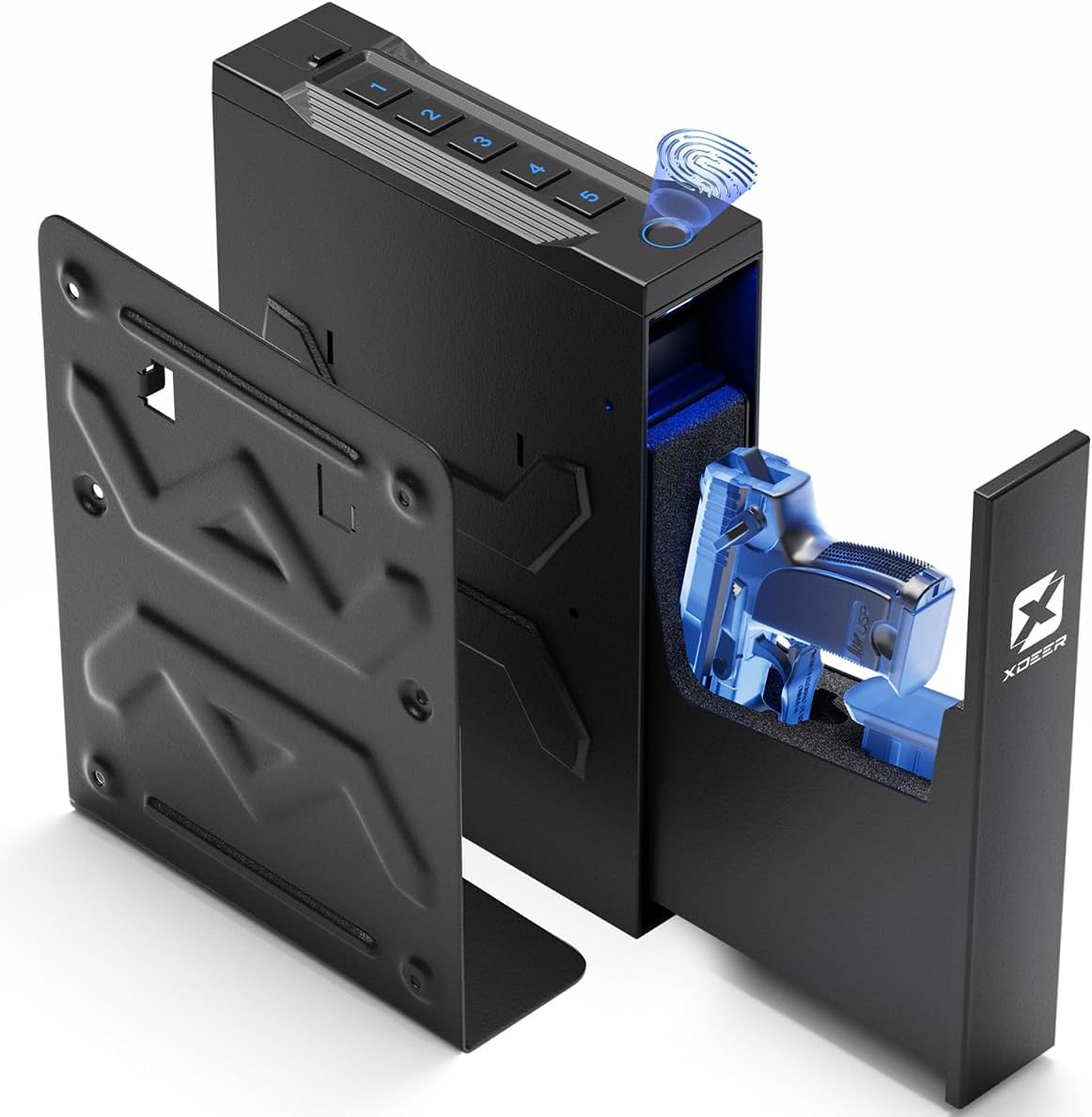 Gun Safe,Mounted Biometric Nightstand Handgun Safe with Quick Access,Pistol Safes for Wall Bedside Desk Vehicle with the Fingerprint, Keypad, Pistol Holder,Carbon Knight Series