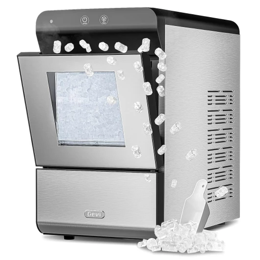 V2.0 Countertop Gemi Nugget Ice Maker - Self-Cleaning Pellet Ice Machine - Stainless Steel Housing -16.7''H Fits Perfectly Under Wall Cabinet - Silver with Viewing Window