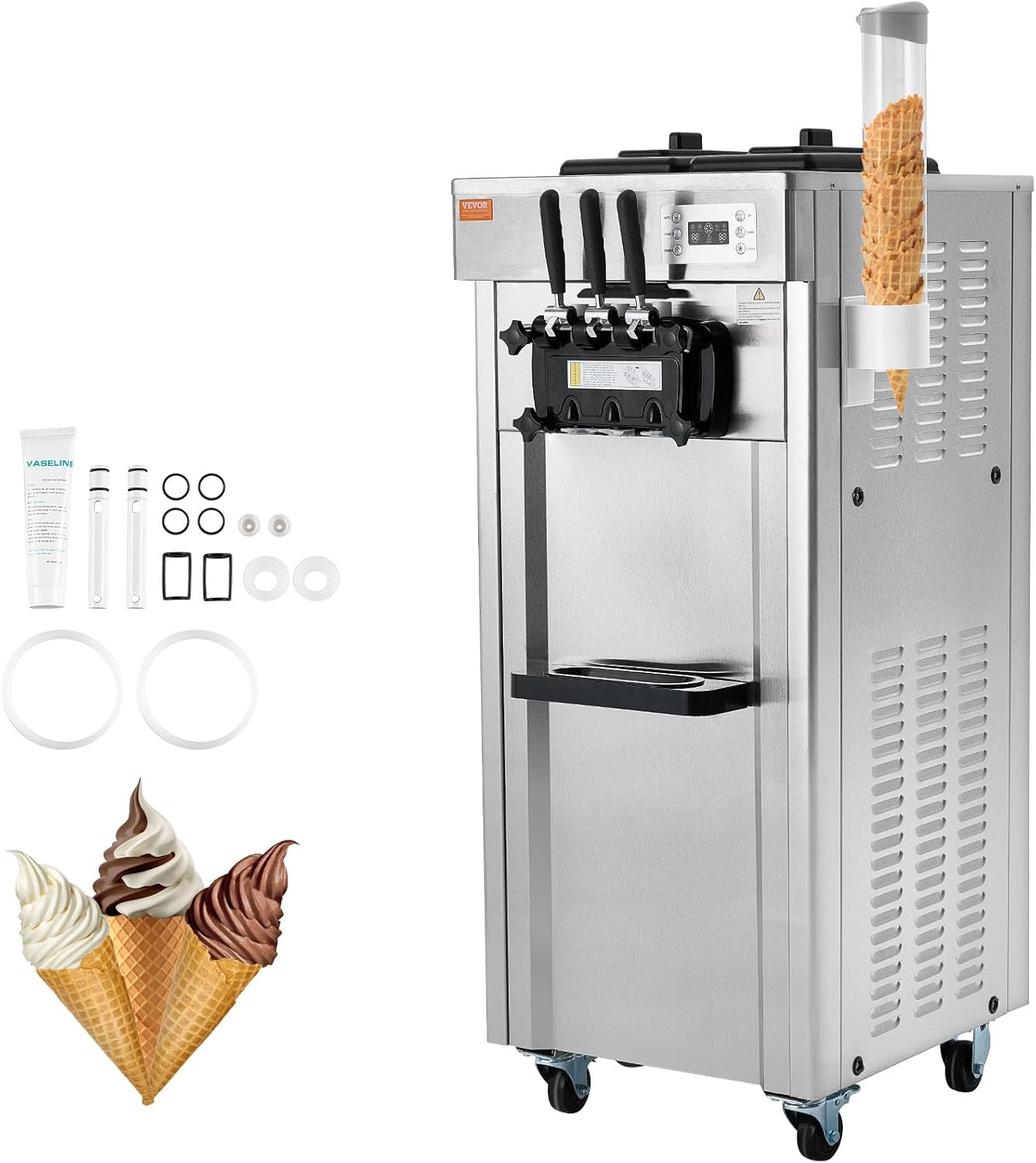 1850W Commercial Soft Ice Cream Machine 3 Flavors 5.5 to 8.2Gallon per Hour PreCooling at Night Auto Clean LCDPanel for Restaurants Snack Bar, Sliver