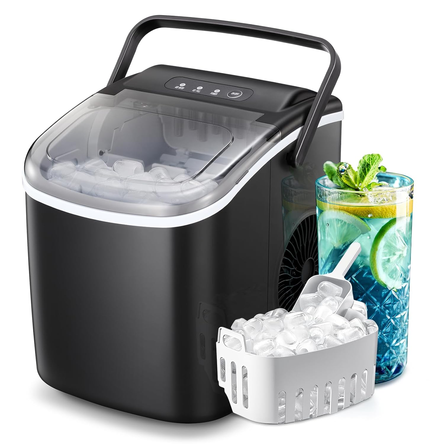Countertop Ice Maker, Portable Self Cleaning Bullet Ice Maker with Handle, 9 Ice Cubes in 8 Minutes, 26Lbs in 24 Hours, Ice Basket and Ice Scoop, Compact Design for Home/Office, Black