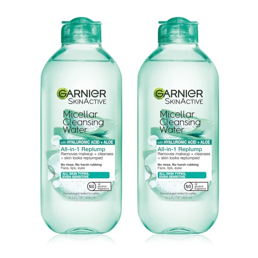 Micellar Water with Hyaluronic Acid, Facial Cleanser & Makeup Remover, Hydrating and Plumping, For All Skin Types, Vegan, Cruelty Free, 13.5 Fl Oz (400mL), 2 Count