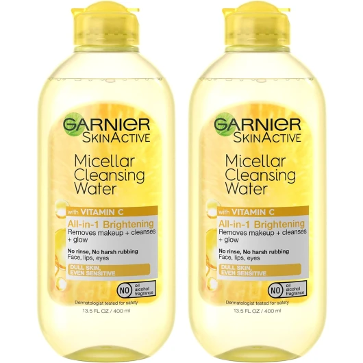 Micellar Water with Vitamin C, Facial Cleanser & Makeup Remover, Brightening & Hydrating, For All Skin Types, Vegan, Cruelty Free, 13.5 Fl Oz (400mL), 2 Count