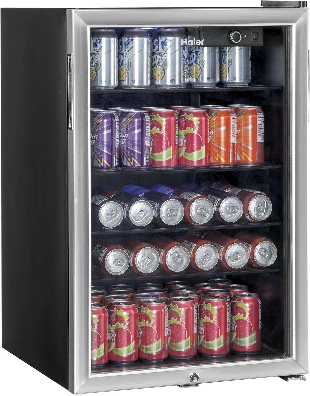 150-Can Mini Fridge With Lock & Key, Glass Door, Automatic LED Interior Light, 4 Full-Width Glass Shelves & Adjustable Thermostat, Stainless Steel