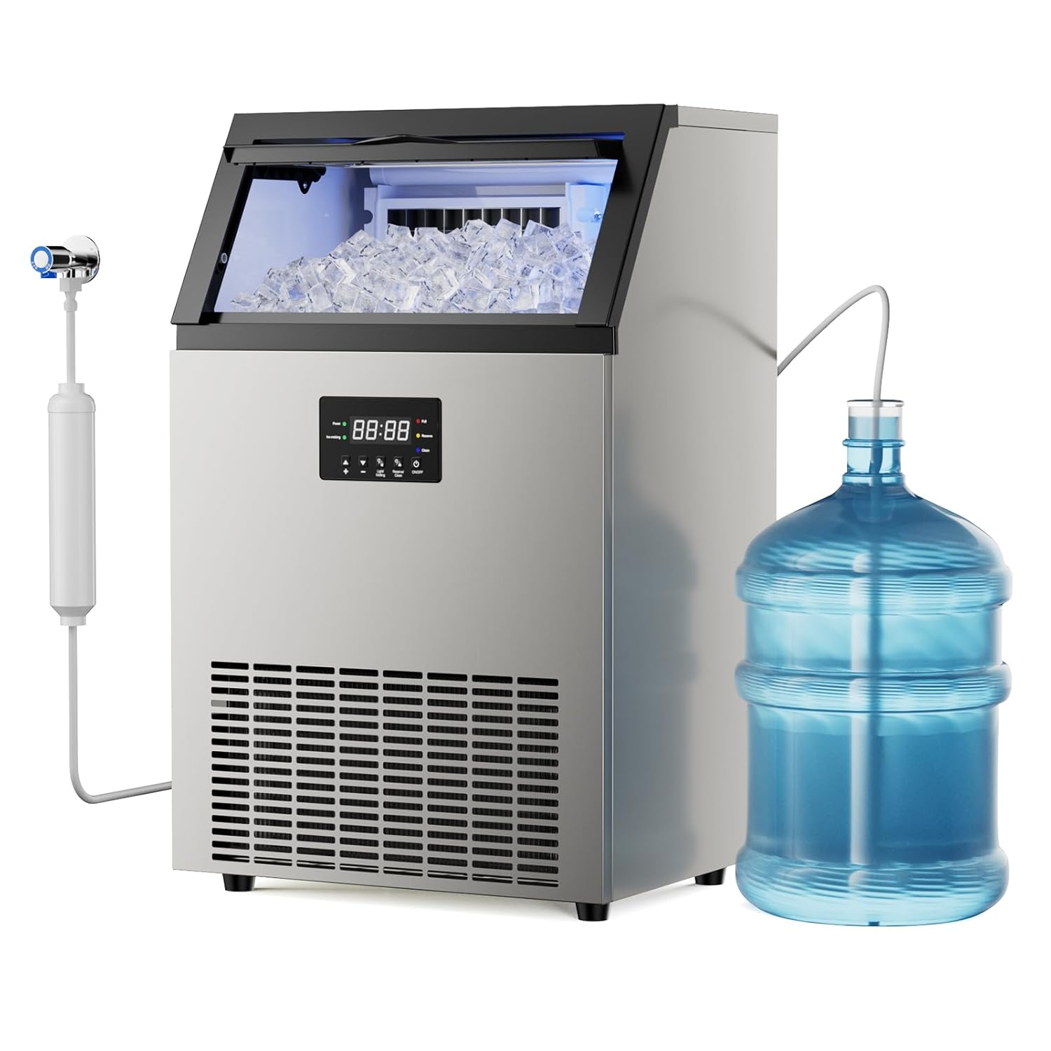 Commercial Ice Maker 150 Lbs/24H with 50Lbs Ice Cube Storage Bin, Under Counter Machine Self Cleaning, 2 Water Inlet Modes, Thicknesses Adjustable, Freestanding Ice Maker for Home Bar Restaurant