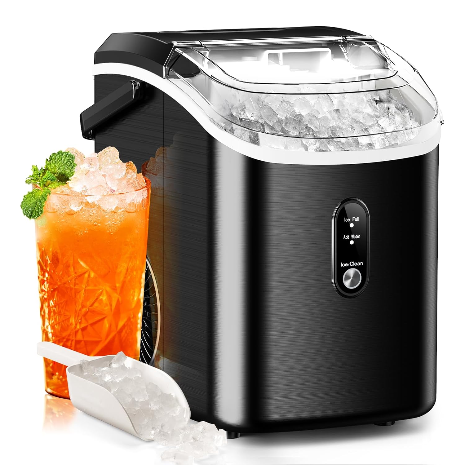 Nugget Ice Makers Countertop with Soft Chewable Pellet Ice, Stainless Steel Black, 7Mins Ice Making, 35.5Lbs/24Hrs, Pebble Ice Maker with Self-Cleaning/Basket/Scoop for Home/Office/Bar