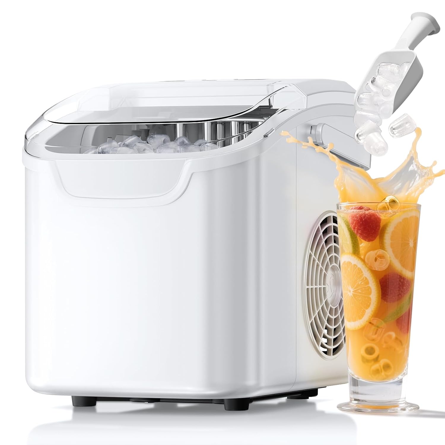 Ice Makers Countertop, Produces 26 lbs/24H, Ice in 6 Mins, Small Ice Machine with Handle,Scoop,Basket & self-Cleaning, 2 Sizes for Drinks/Seafood, Ideal for Home, Party, RV, Camping