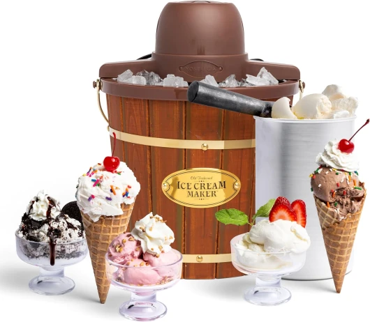 Electric Ice Cream Maker - Old Fashioned Soft Serve Ice Cream Machine Makes Frozen Yogurt or Gelato in Minutes - Fun Kitchen Appliance - Vintage Wooden Style - Dark Wood - 4 Quart