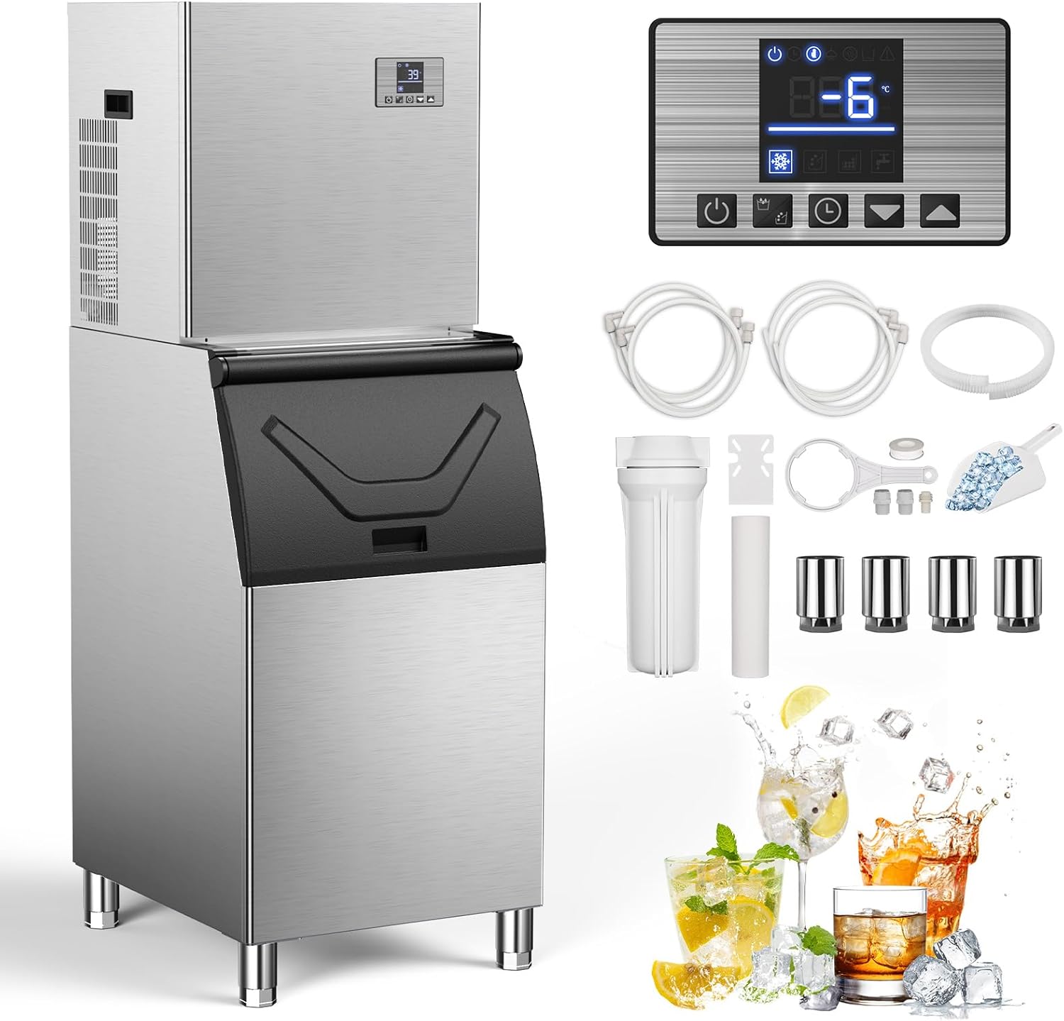 Commercial 550Lbs/24H Ice Maker Machine,Ice Ready in 5-15 min,360Lbs Large Storage,1033W Stainless Steel Electric Cube Ice Machine with Water line Hook up,12 Steps Ice Thicknesses Adjustable