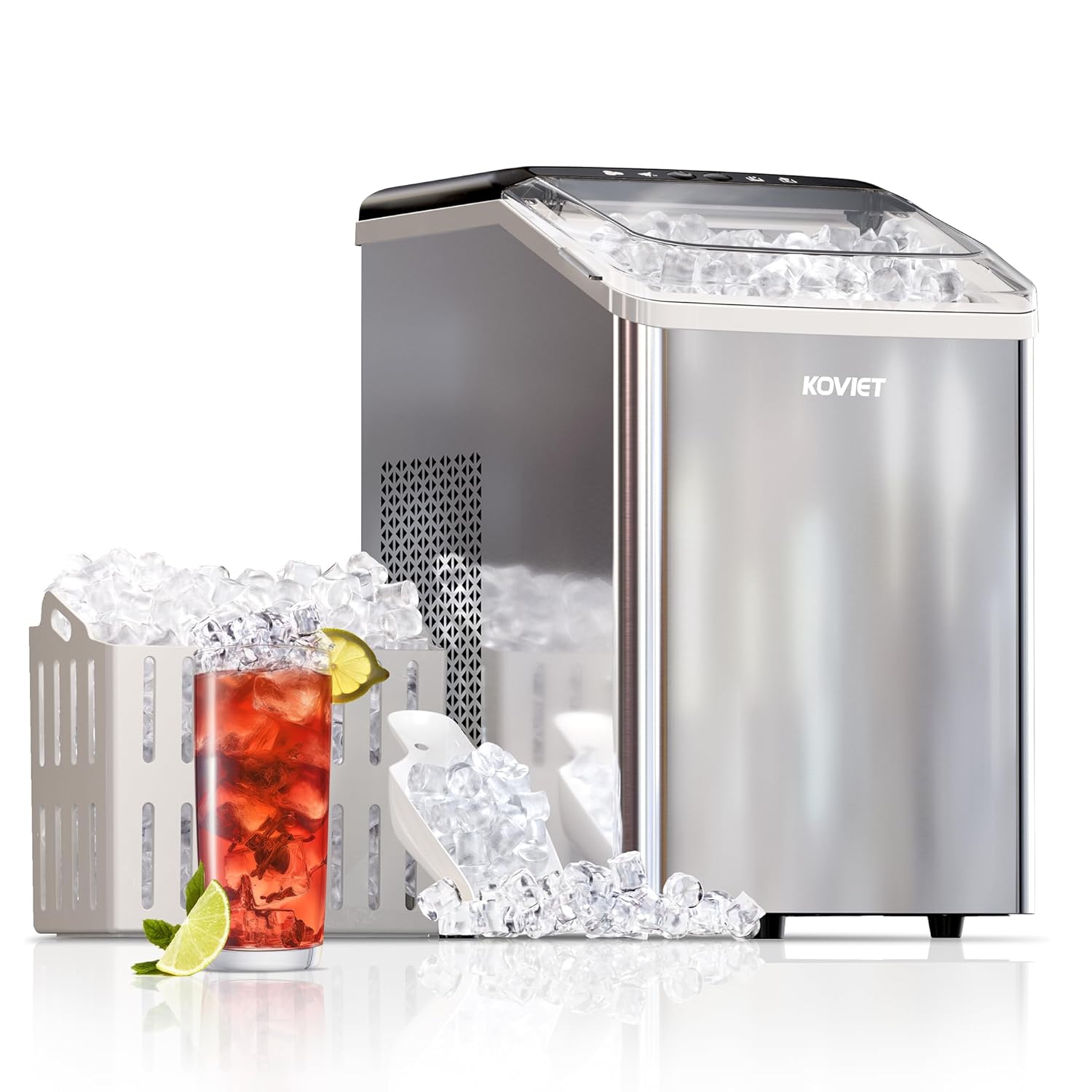 Nugget Ice Makers Countertop, Soft Pebble Ice Machine, Chewable Crushed Pellet Ice 42lbs/Day, Self-Cleaning Drainpipe Ice Maker for Party, Home, Kitchen, Bar, Office, Silver Gray
