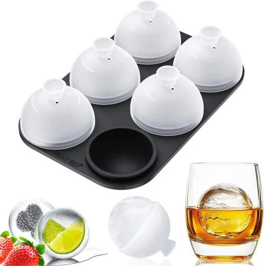 Whiskey Ice Ball Mold - 2 Inch Silicone Maker With Individual Lid for Easy Fill and Release - 6 Round Sphere Molds for Cocktails and Bourbon
