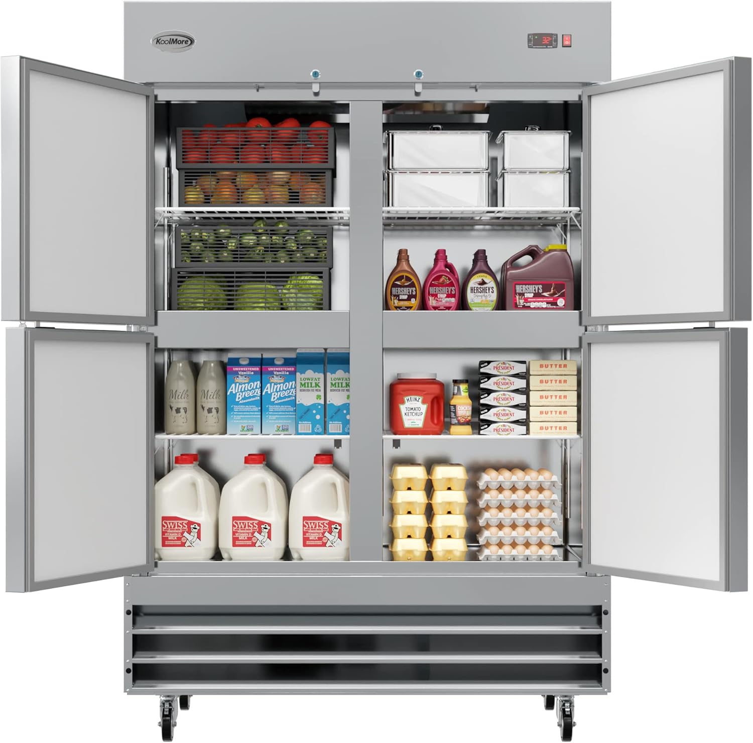 RIR-2D-SSHD Commercial Stainless-Steel Reach-in Refrigerator with Half Door Access for Restaurant, Cafe, and Cold Food Storage, Large 47 Cu - Ft - Capacity, Heavy Duty Kitchen Use, 4, Silver
