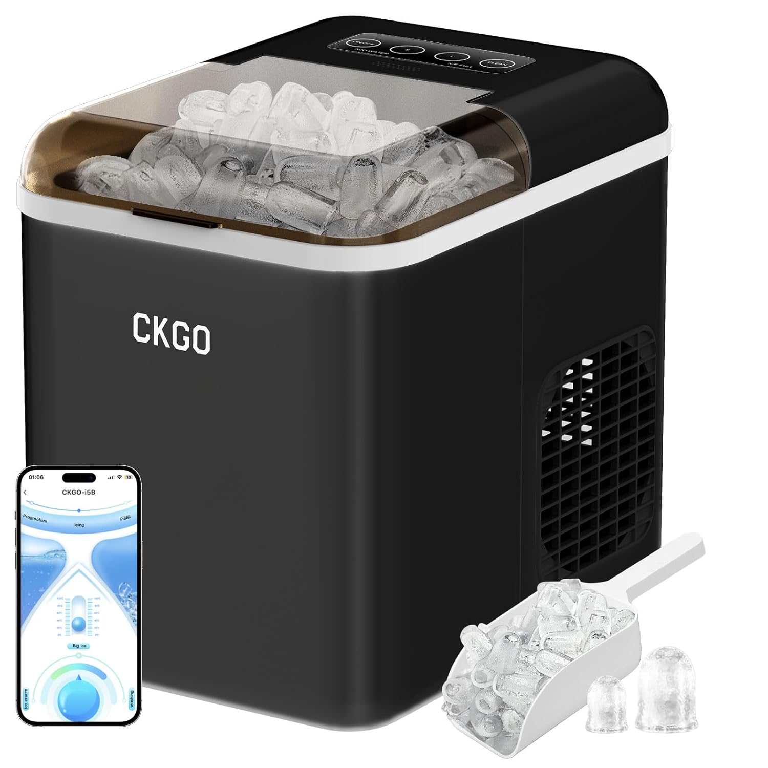 Smart Ice Maker Countertop, 33 lbs per Day 9 Cubes in 6 Mins, Self-Cleaning Compact Wi-Fi Ice Machine with App Control, 2 Sizes Bullet Ice Makers Ideal for Home Kitchen Camping RV