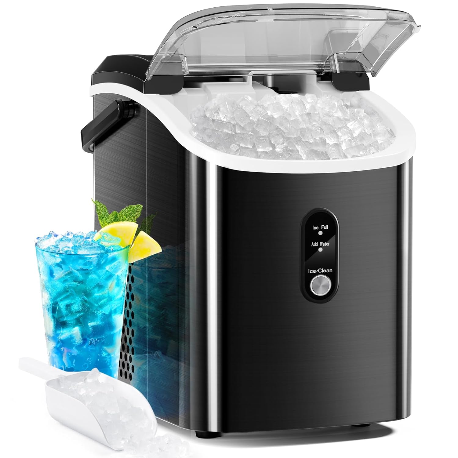 Nugget Countertop Ice Maker with Soft Chewable Pellet Ice, 34Lbs/24H, Pebble Portable Ice Machine, Self-Cleaning, One Button Operation, for Kitchen, Bar Stainless Steel Black