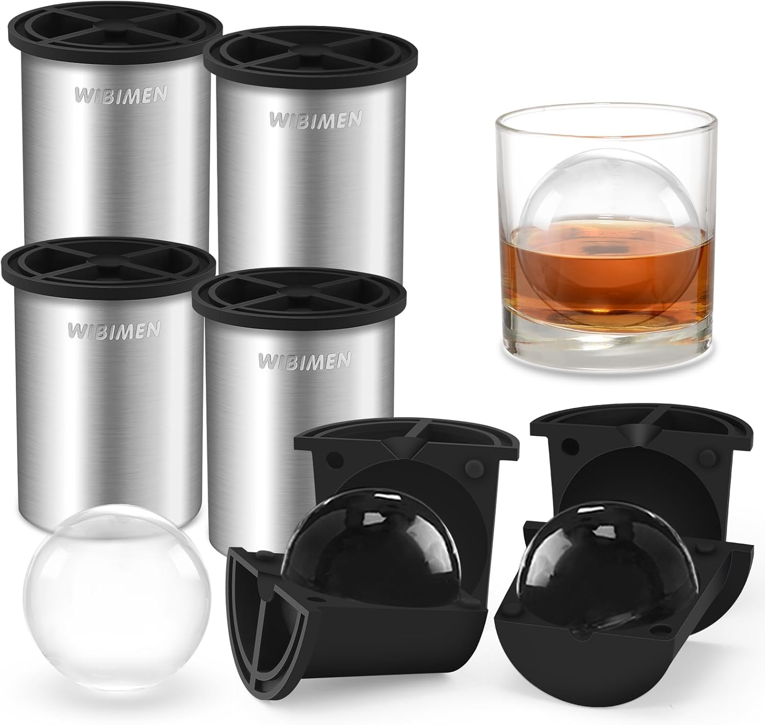 Clear Ice Cube Maker - 2.5" Ball - Stainless Steel Clear Ice Maker - Compact Design - for Whiskey, Cocktails, Bourbon - 4 PACK