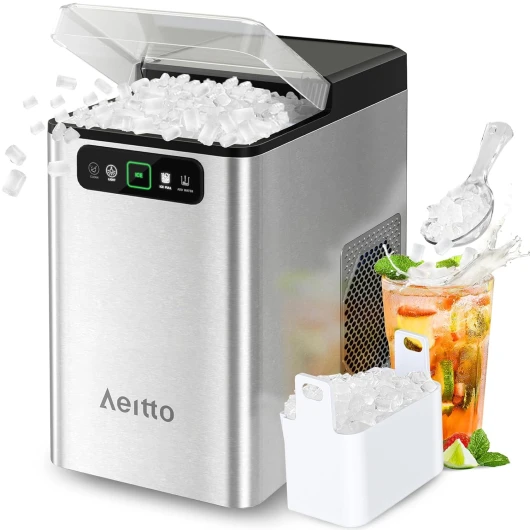 Nugget Ice Maker 40Lbs/24H, Countertop Soft Chewable Ice Pebble Ice Machine, One-Click Operation, Auto Self-Cleaning Ice Makers with Scoop&Basket for Home, Office, Kitchen, Party (Silver)