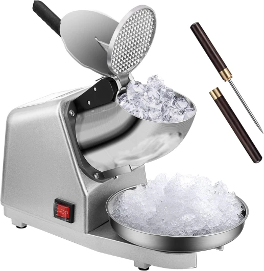 Electric Ice Crusher Shaver 4 Blades Snow Cone Maker Machine Silver 210lbs/hr with Ice Pick for Home and Commercial Use Silver 4 Blades - 210lbs/hr