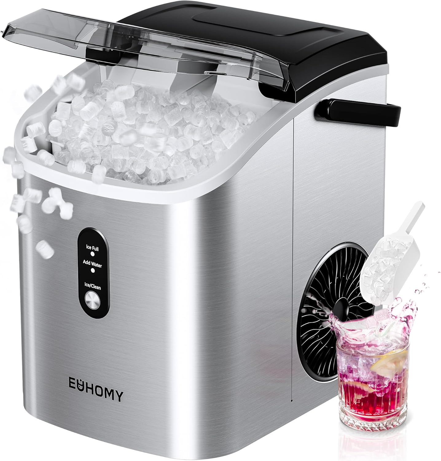 Nugget Ice Maker Countertop with Handle, Ready in 6 Mins, 34lbs Per Day, Removable Top Cover, Auto-Cleaning, Portable Sonic Ice Maker with Basket and Scoop, for Home/Party/RV/Camping (Silver) Steel Light Silver