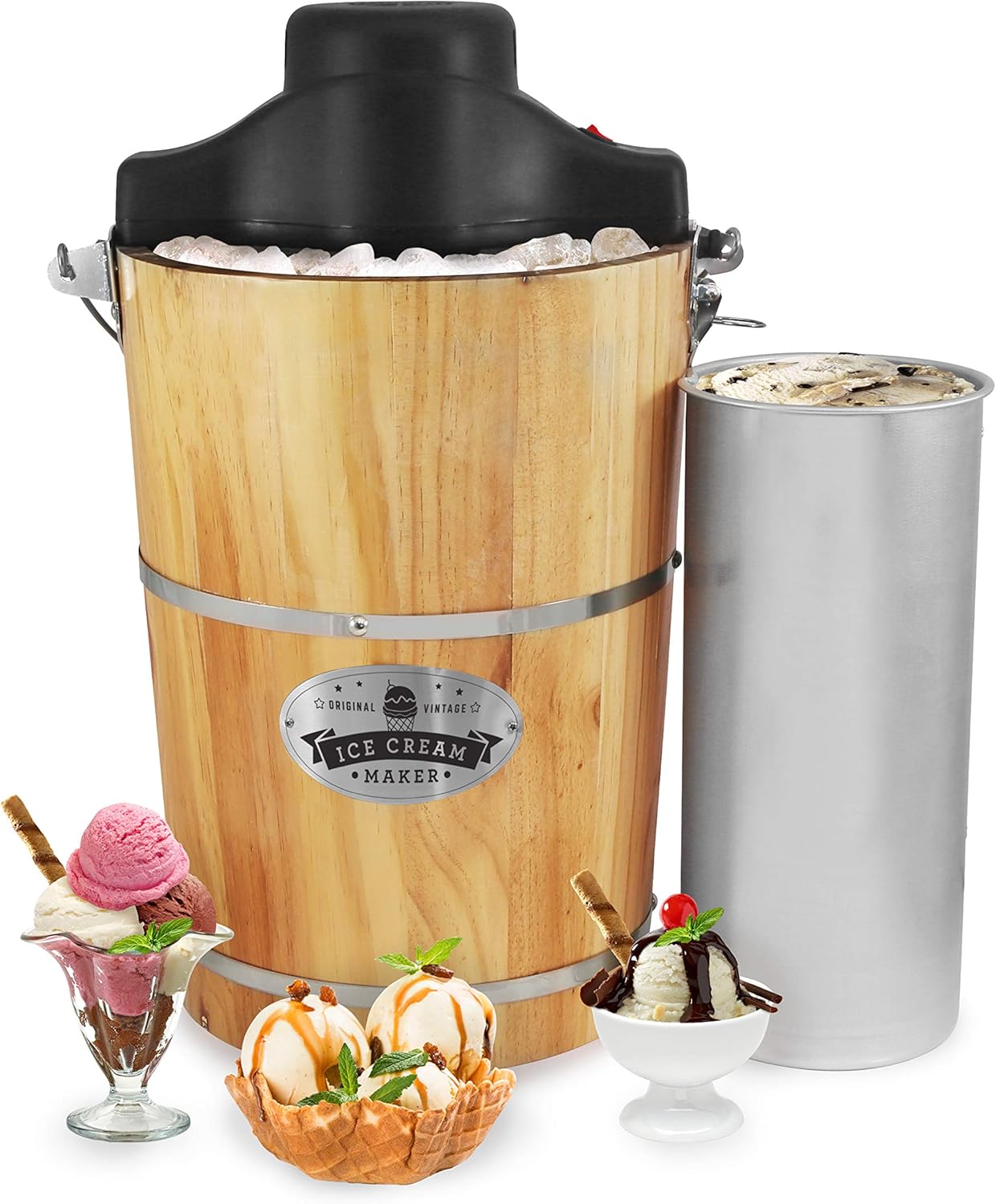 EIM916 Old Fashioned 6 Quart Vintage Wood Bucket Electric Ice Cream Maker Machine Appalachian, Bonus Classic Die-Cast Hand Crank for Churning, Uses Ice and Rock Salt 6 Quart Pine