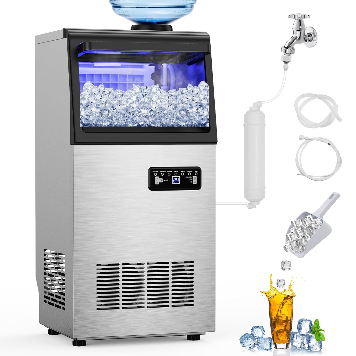 Commercial Ice Maker Machine 110 LBS/24H, 36 Ice Trays Freestanding & Undercounter Ice Machine Stainless Steel with 20 LBS Ice Storage Capacity, Ice Maker with Water Line and Filter, Dual Water Inlet 110 LBS/24H-36 lce Cubs Stainless Steel