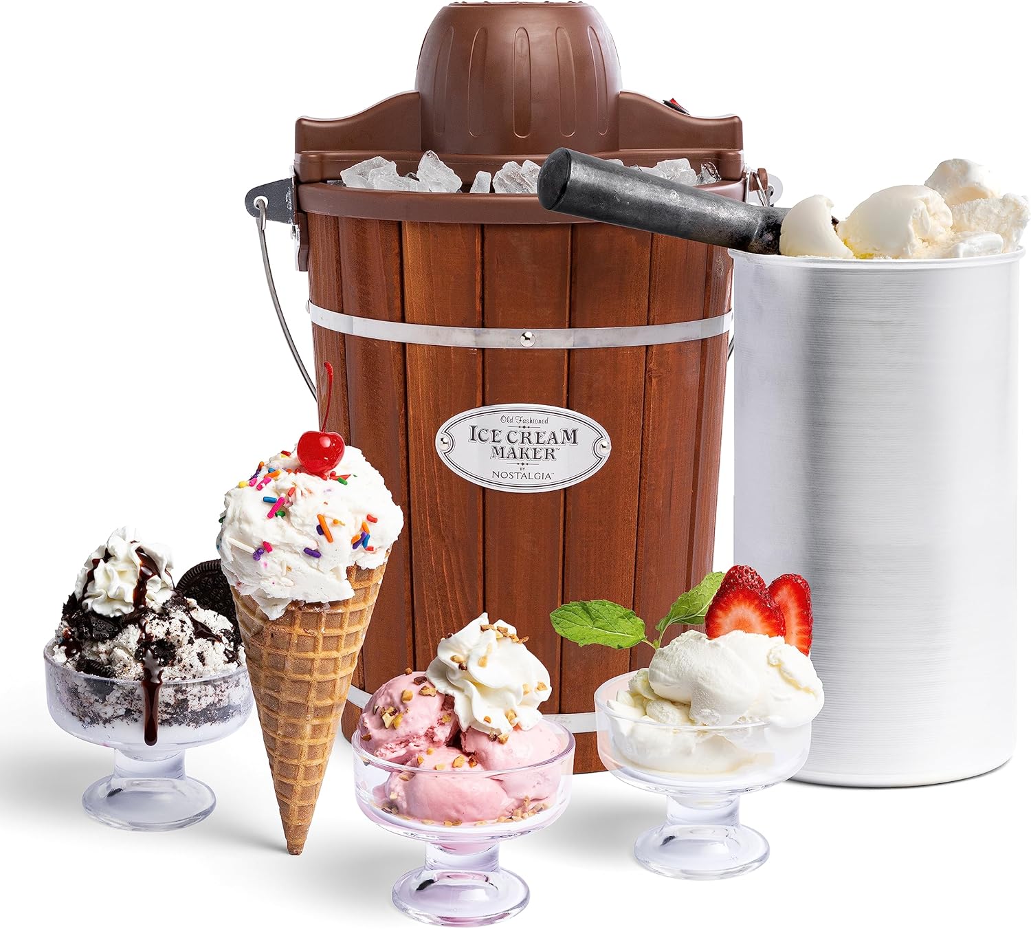 Electric Ice Cream Maker - Old Fashioned Soft Serve Ice Cream Machine Makes Frozen Yogurt or Gelato in Minutes - Fun Kitchen Appliance - Vintage Wooden Style - Dark Wood - 6 Quart 6 Qt Dark Wood