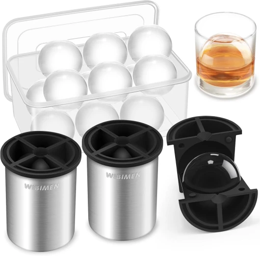 Clear Ice Cube Maker - 2.5" Ball - Stainless Steel Clear Ice Maker - Compact Design - for Whiskey, Cocktails, Bourbon - 2 PACK with Ice Tong & Ice Box Metallic-Round 2.5"-2 PCS(Accessories included)