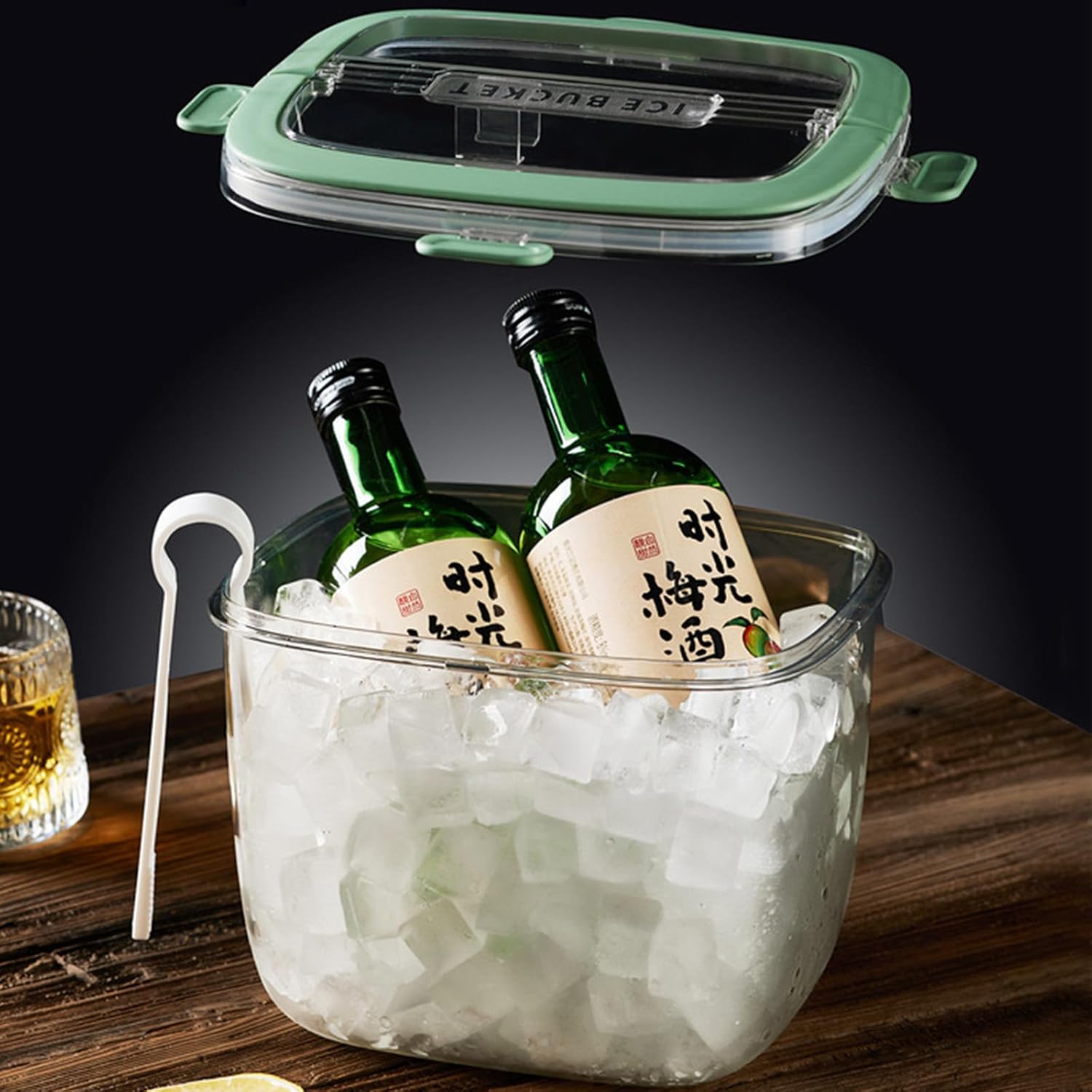 Portable Ice Bucket With Lid & Tong for Outdoor Camping, Clear Plastic Storage Bin for Freezer, Refrigerator, Whiskey, Wine, Cocktail Party, Big Cube Mold Tray for Ice Bath Small