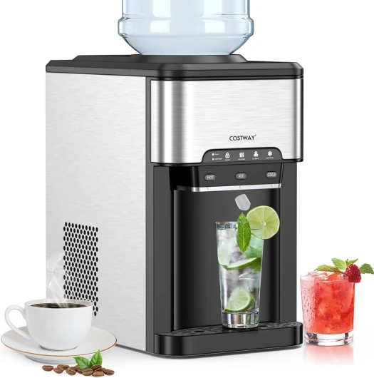 Water Dispenser with Ice Maker, 3-in-1 Countertop Hot/Cold Dispenser with Ice Machine, 2 Ways to Add Water, Child Safety Lock, 12 Cubes, Portable Water Cooler for Home Kitchen Office
