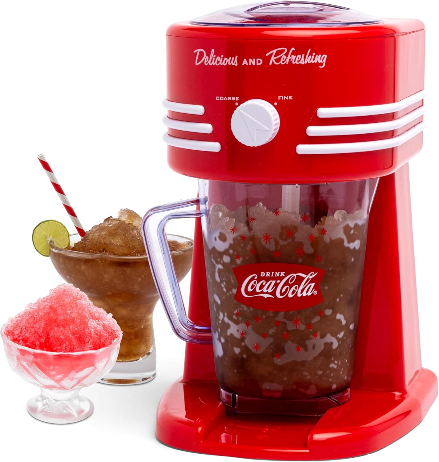 Coca-Cola Frozen Drink Maker and Margarita Machine for Home - 40-Ounce Slushy Maker with Stainless Steel Flow Spout - Easy to Clean and Double Insulated - Red Coke