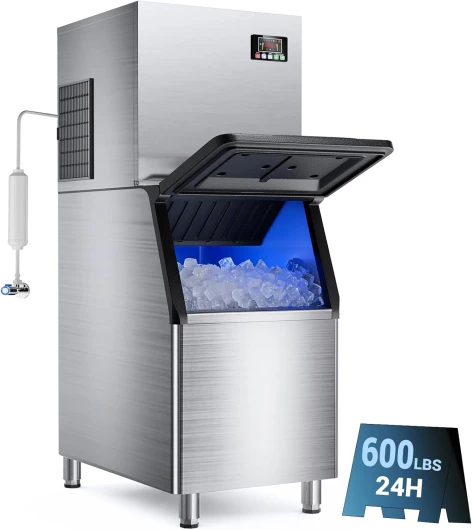 600LBS/24H Commercial Ice Machine Maker, 420LBS Capacity Large Industrial Ice Maker, Clear Ice Cubes Ready in 5-15min, Micron Water Purification Filter 99% impurities, for Cafe, Bar