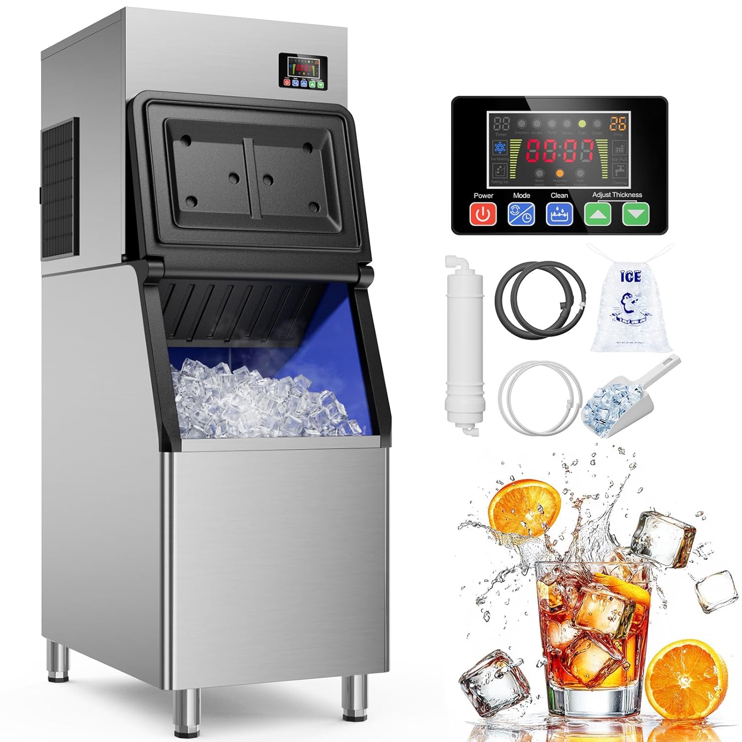 Commercial Ice Maker Machine, 600 LBS/24h with 400 LBS Storage Bin,156 Ice Cubes Ready in 5-15 min, Stainless Steel Industrial Ice Machine Self-Cleaning Perfect for Bar Restaurant Cafe 600LB/24H