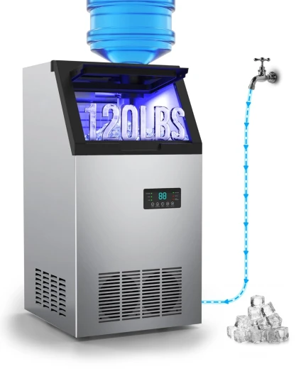 Commercial Ice Maker Machine 𝟏𝟐𝟎𝐋𝐁𝐒/𝐃𝐚𝐲, Undercounter Ice Makers 𝟑𝟎𝐋𝐁𝐒 Storage Bin and 𝟒𝟓 Ice Trays, Icemaker Machine Double Water Inlet with Water Line, Ice Scoop
