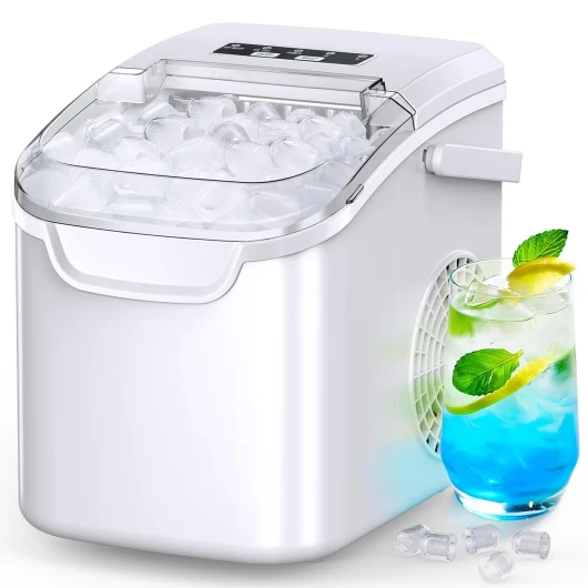 Ice Maker Countertop, Portable Ice Machine with Self-Cleaning, 26.5 lbs/24Hrs, 8 Ice Cubes in 6 Mins, Ice Basket and Scoop, Ideal for Home, Kitchen, Bar, Camping 26.5LBS / 24H Light White 1