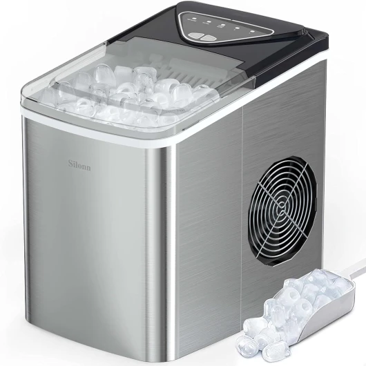 Ice Makers Countertop, 9 Cubes Ready in 6 Mins, 26lbs in 24Hrs, Self-Cleaning Ice Machine with Ice Scoop and Basket, 2 Sizes of Bullet Ice for Home Kitchen Office Bar Party Stainless Steel 26lbs