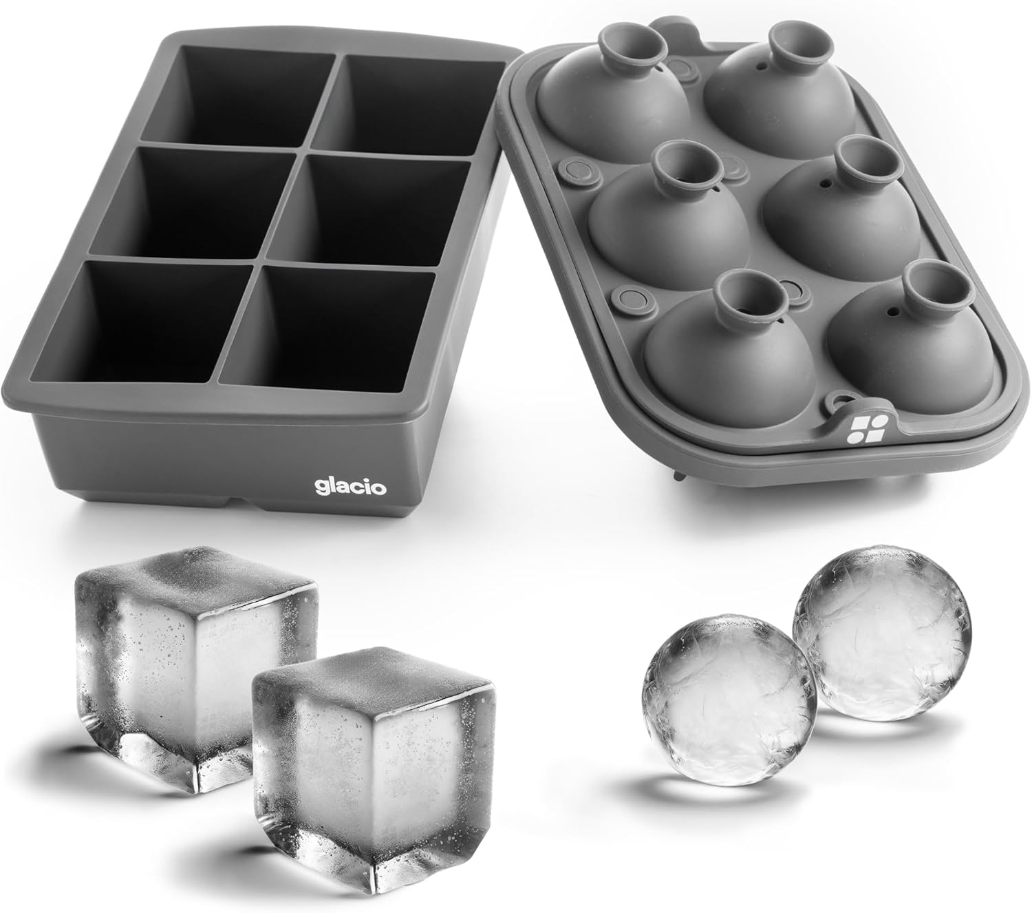 Ice Cube Molds – Large Silicone Ice & Sphere Mold Combo with Built-In Easy-Fill Funnel – 2-Inch Round & Square Whiskey Ice Molds for Cocktails & Bourbon (Set of 2) – glacio Charcoal w/Funnel